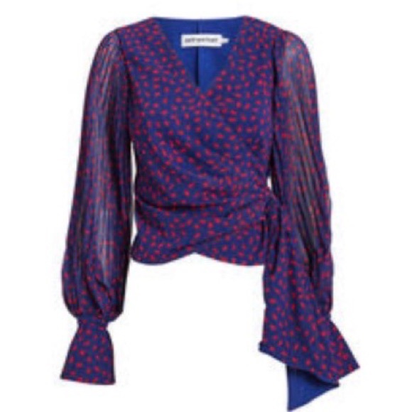 Self-Portrait Blue and Red Silk Crepe Printed Wrap Blouse Top EUC Size 0/XS - Picture 4 of 5